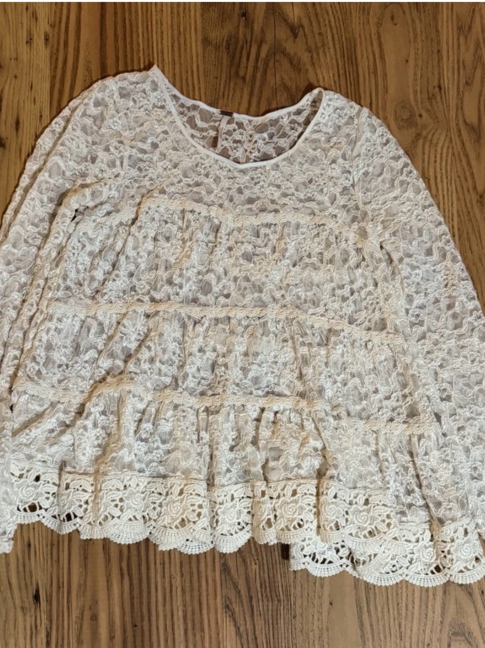 Free People Cream Ivory Sheer Lace Tiered Long Sleeve Boho Top Size S